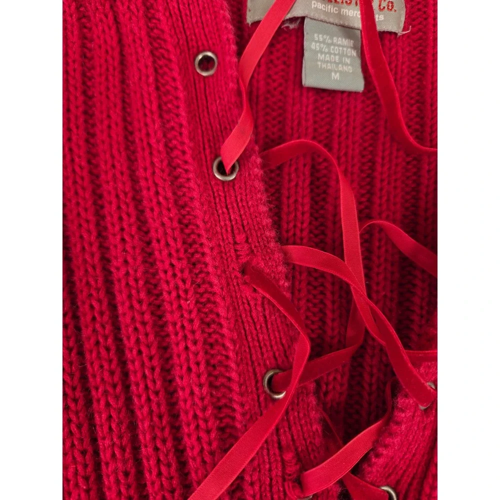 VTG‎ Hollister Co Red Ribbed Lace Up V-Neck Sweater Oversized Collar Womens Med